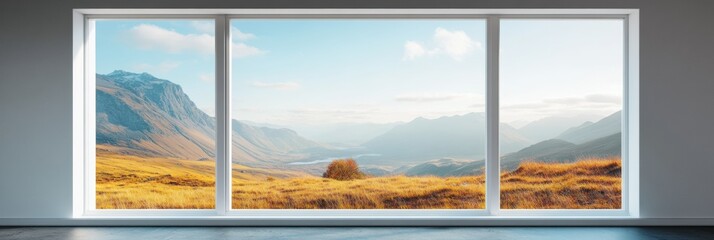 A window reflects a beautiful natural landscape, featuring mountains and valleys under bright blue skies, creating a serene atmosphere. Generative AI