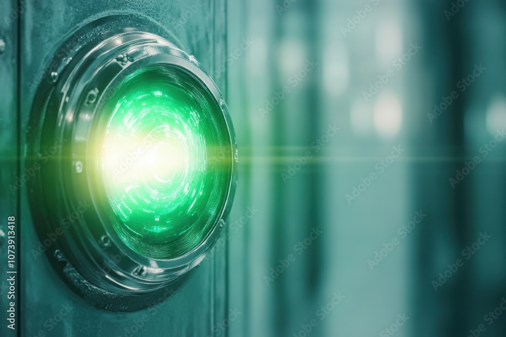 Poster a glowing green vacuum luminescent indicator illuminating a retro industrial workspace in soft light