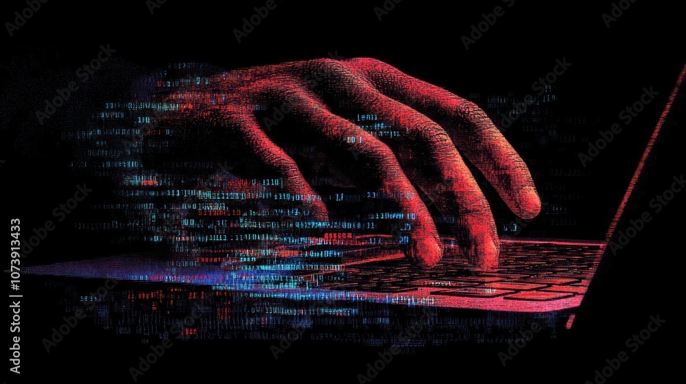 Poster a hand typing on a laptop with digital code overlay, symbolizing technology.