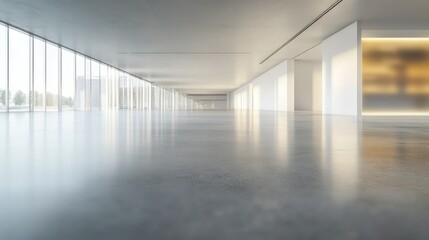 A spacious minimalist hall with large open spaces, smooth polished concrete flooring, and barely visible blurred signage.