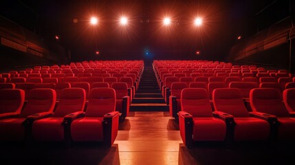 Obraz premium A warmly lit theater stage with plush red seats arranged in perfect rows, inviting viewers for a cinematic evening.