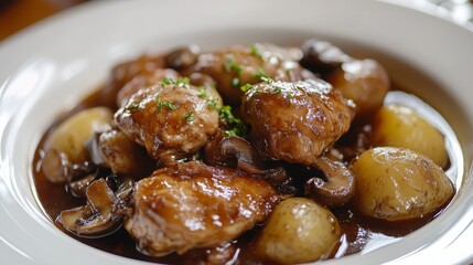 France, Coq au Vin, a rich stew made from chicken braised with red wine, mushrooms, and garlic, usually served with potatoes or bread, 16:9