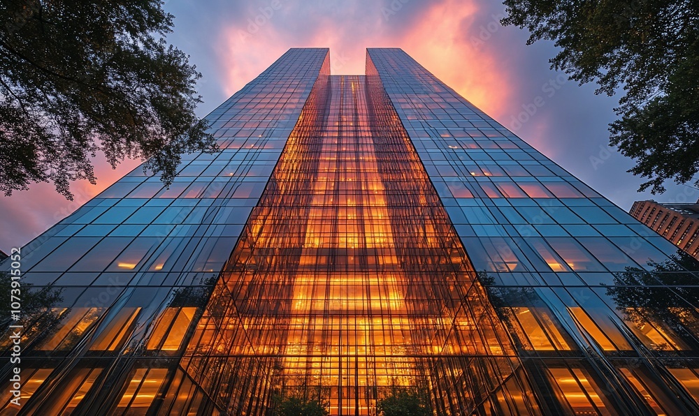 Poster a low angle view of a modern skyscraper with glass facade illuminated by the setting sun.