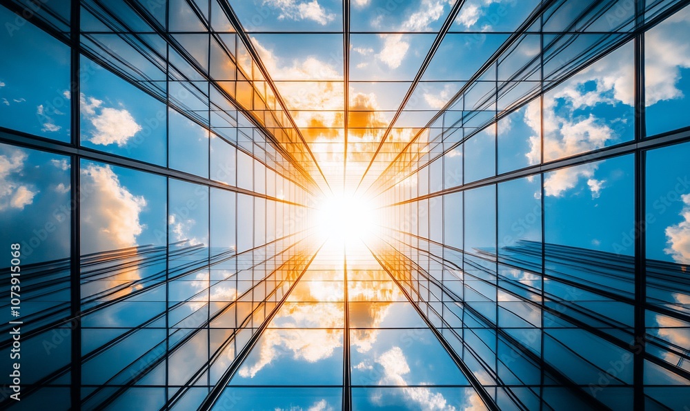 Aufkleber A low angle view of a modern skyscraper with glass facade, looking up towards the bright sun shining through the windows and reflecting off the clouds in the sky.