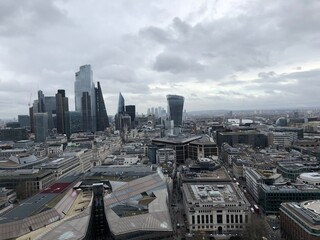 Skyline view of a city with skyscrapers on a cloudy day