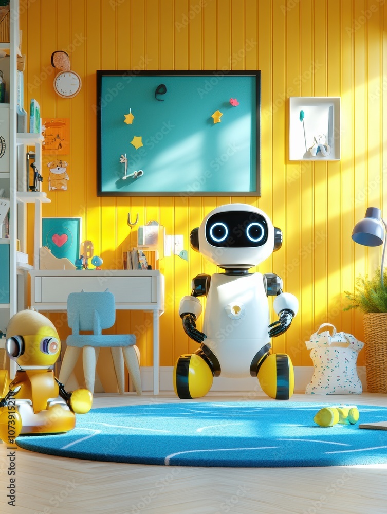 Aufkleber brightly colored room filled with cheerful robot assistants playing and interacting with children, c