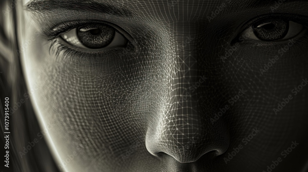 Poster close-up of a face with a digital mesh overlay, emphasizing texture and detail.