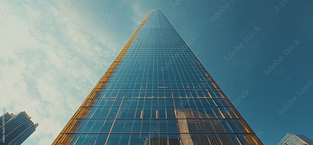 Poster a low-angle view of a skyscraper with a glass facade, reaching for the sky against a clear blue sky 