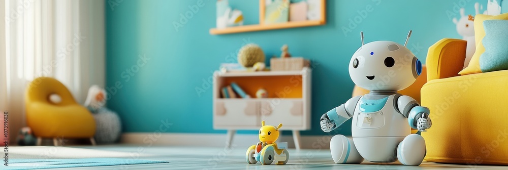 Poster the children’s room is brightly colored, filled with friendly robots playing and creating a joyful a