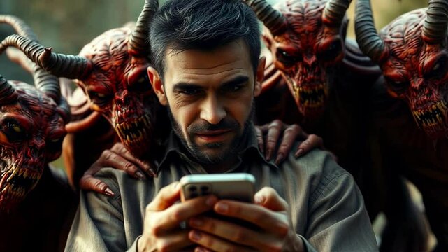 A group of evil demonic creatures are positioned around an innocent man who is holding a phone and looking at its screen