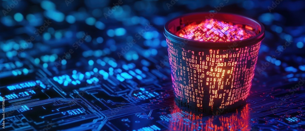 Poster a glowing pot filled with vibrant data-like patterns on a digital background.