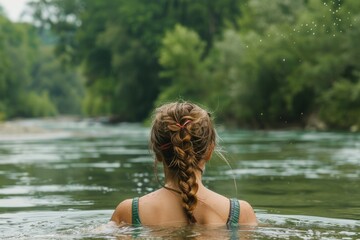 Fototapeta premium Woman swim in lake. Girl swimming in river. Outdoor vacation travel. Summertime recreational freedom. Nature summer water and young female