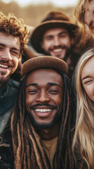 Joyful group of friends smiling together outdoors during sunset; capturing memories in a relaxed setting