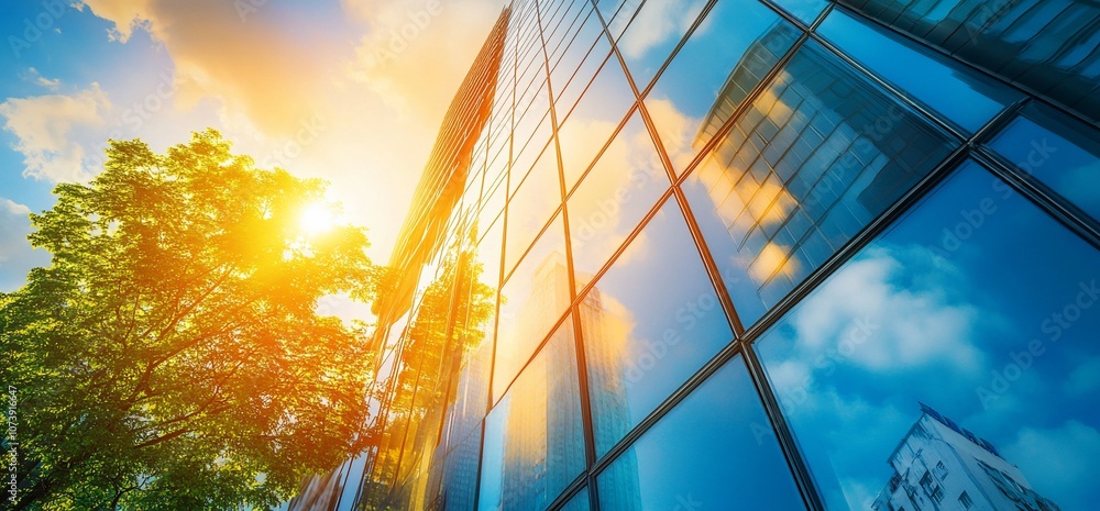 Poster A modern glass building with a tree and clouds reflecting in the windows.