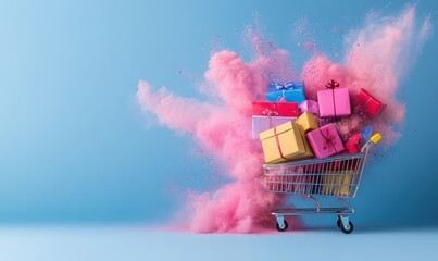 dynamic shopping cart explosion with colorful gift boxes
