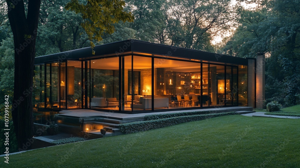 Poster A modern glass house with a pond in front of it, surrounded by trees and a lawn. The house is lit up from within and the sun is setting in the background.