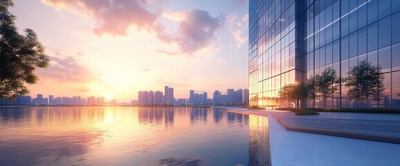 A modern glass skyscraper stands tall on a waterfront with a stunning sunset reflecting in the water.