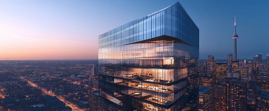 A modern glass skyscraper with city skyline in the background.