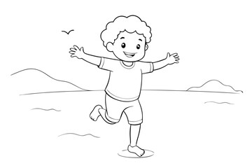 Toddler Dancing at the Beach for Coloring Book Lifelike Hands and Nose, Vector Art Illustration