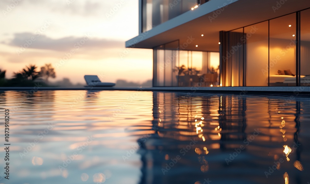 Poster a modern home with a swimming pool and a sunset in the background.