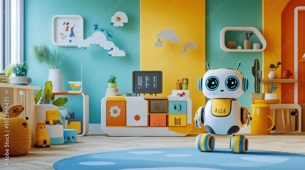 Poster a cheerful children's room includes colorful decor and friendly robot assistants ready for interacti