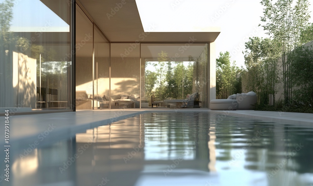 Poster a modern house with a swimming pool and a lush garden. the pool is reflecting the sky and the trees.