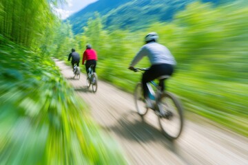 Fototapeta premium Thrilling Mountain Bikers Racing Down a Steep Forest Trail Under Vibrant Blue Skies