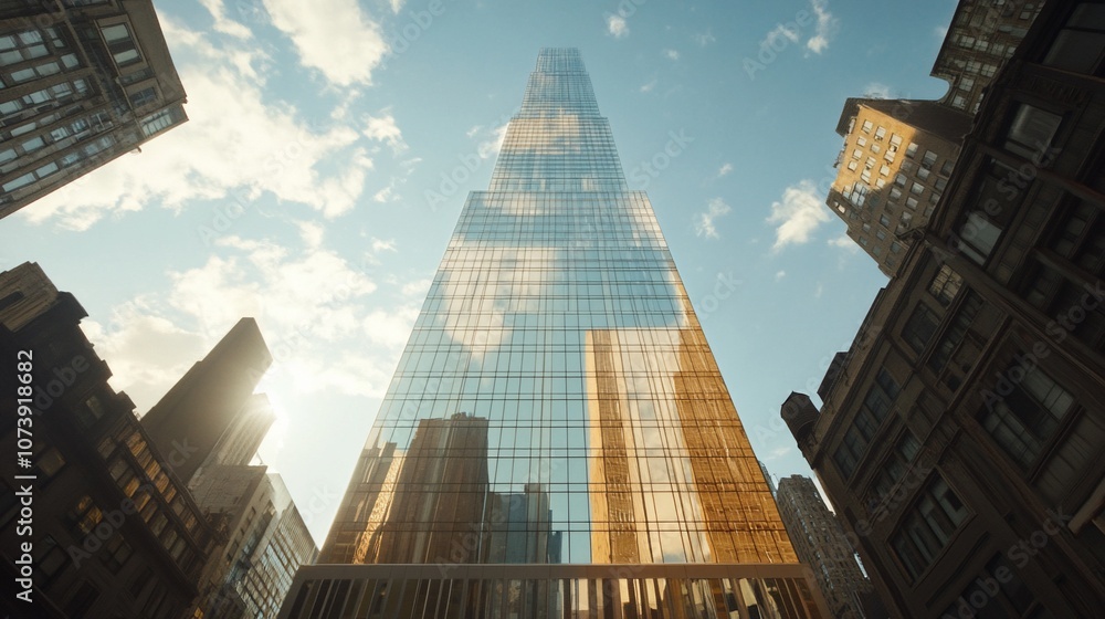 Poster a modern skyscraper reaching for the sky, with other buildings and a cloudy blue sky in the backgrou