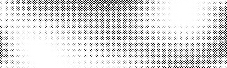 Grunge halftone background. Faded grit noise gradient texture. White and black sand wallpaper. Wide long retro pixelated backdrop. Anime or manga comic style overlay. Halftone gritty print. Vector © vika_k