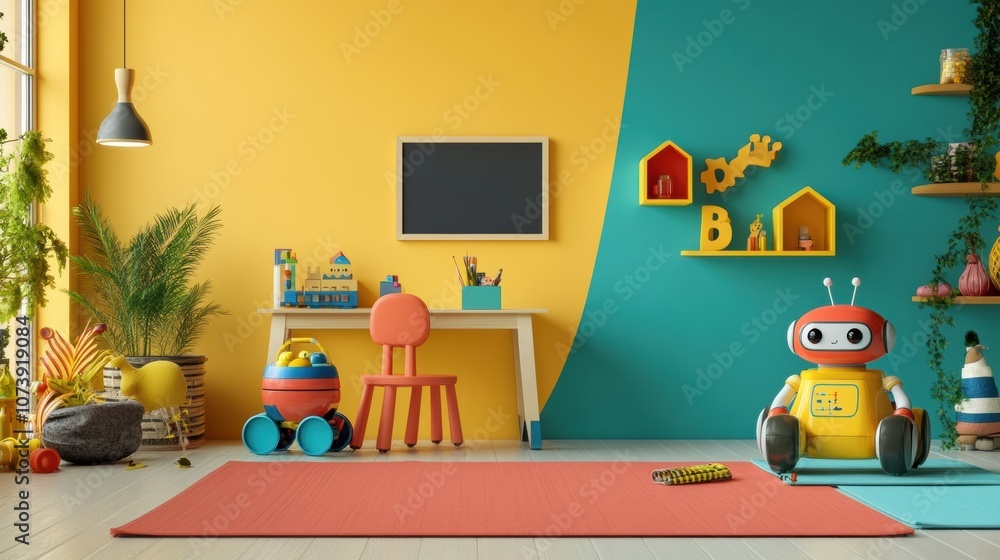 Aufkleber this cheerful children’s room is filled with bright colors, toys, and friendly robot helpers, creati