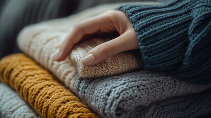 Close-up of a hand gently touching a neatly stacked pile of cozy knitted sweaters in various earthy tones. The textures—soft, chunky, and warm—highlight the tactile and comforting qualities of wool 