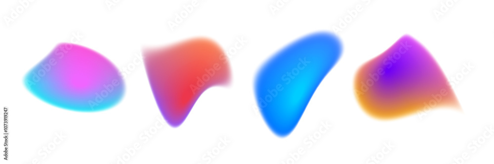 Poster Bright colorful gradient blob set. Liquid blur gradation background collection. Iridescent blurry irregular shape pack for poster, banner, leaflet, brochure. Vector neon fading uneven fluid bundle