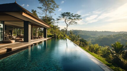 Fototapeta premium A modern villa with an infinity pool overlooking a lush valley.