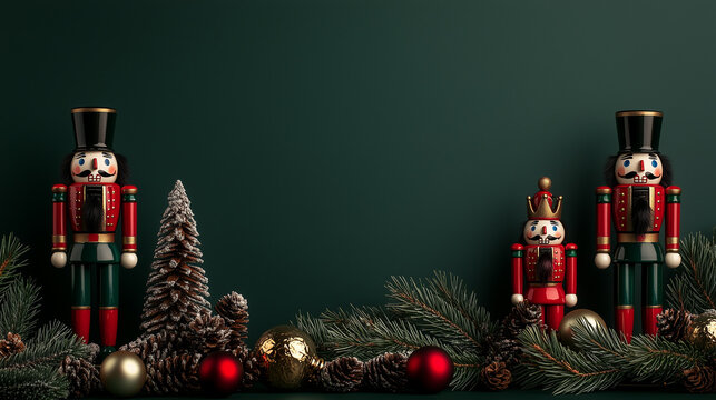 Wooden toy nutcrackers on the frame with pine branches and Christmas ornaments. Text frame. Christmas card, banner, poster on dark green background.