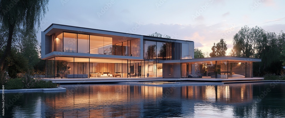 Poster A modern, luxurious home with large windows and a reflecting pool in front, set against a backdrop of lush greenery and a twilight sky.