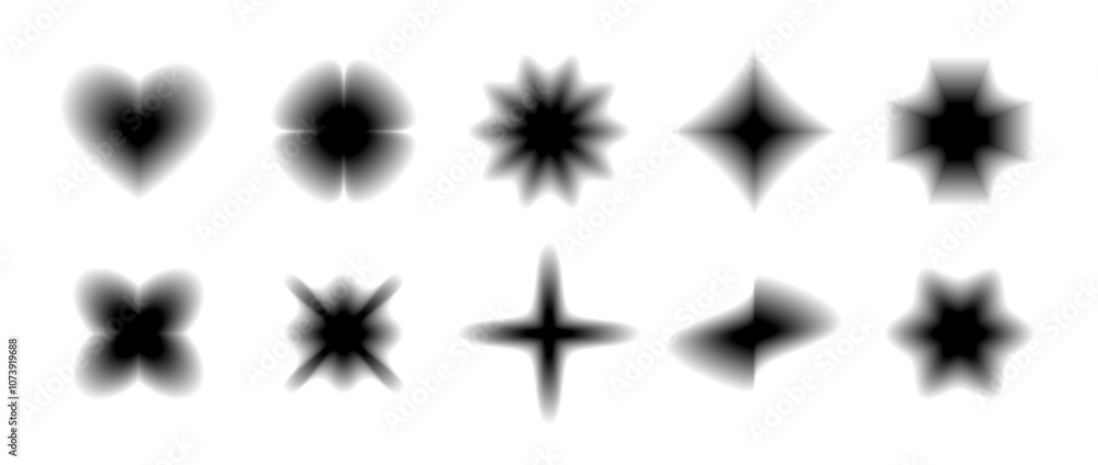 Poster Black smooth blurred gradient form set. Grunge blurry aura shape collection. Fading abstract elements for poster, template, badge, sticker, collage. Vector flower, star, wave and heart pack