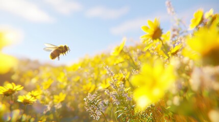 Obraz premium Bumblebee's Eye View: Vibrant Sunflower Field in 3D Rendered Beauty