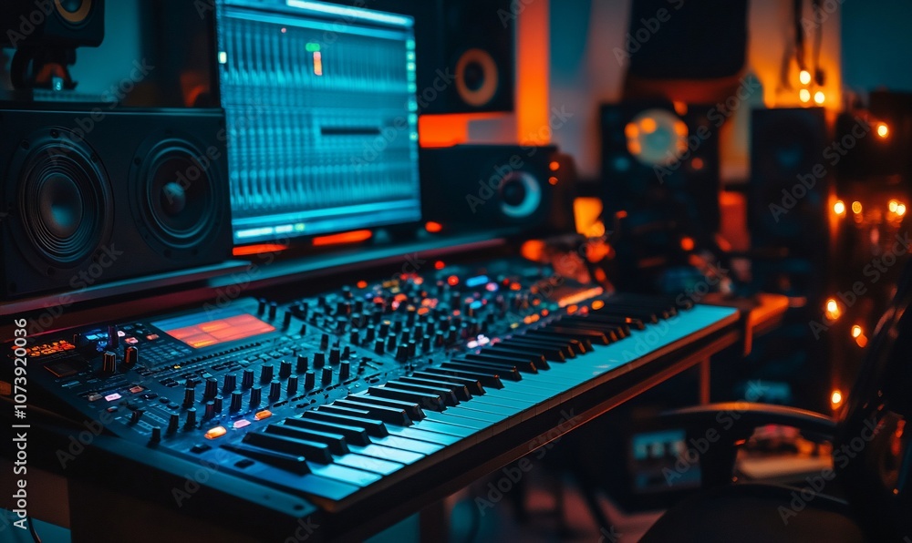 Poster a music studio with a professional keyboard and a computer monitor displaying a waveform.