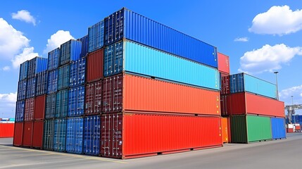 Large Stack of Shipping Containers in a Busy Cargo Port Under Clear Blue Sky with Fluffy Clouds