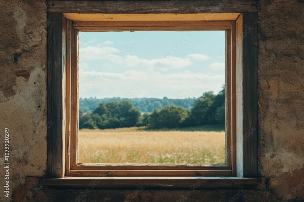Leinwandbilder a wooden window reflects a serene view of lush fields and distant trees under a bright blue sky with