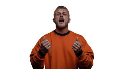Man in orange sweatshirt cheering loudly