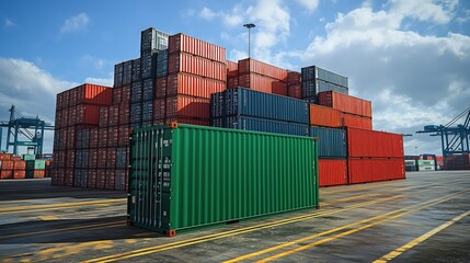 Fototapeta premium Large Stack of Shipping Containers at a Cargo Port Under a Bright Blue Sky