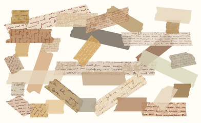 Antique Romantic Brown Vector Adhesive Washi Tape with Torn Edges and Hand Written Unreadable Text, Cute Beige Masking Paper Pieces with Cursive Handwriting