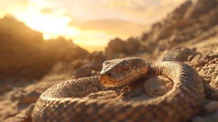 Obraz premium Desert Serenity - Immersive 3D Render of Rattlesnake's View on Rocky Landscape at Sunset | Ultra-Detailed Digital Artwork