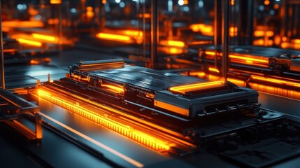 A futuristic circuit board illuminated by glowing orange lights.