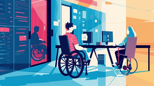 Inclusive Workplace Collaboration Featuring Diverse Team Members Using Wheelchairs in a Modern Office Setting