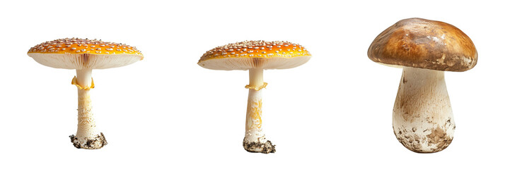 Set of large mushroom standing tall isolated on a transparent background