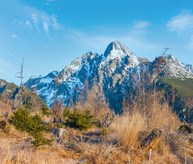 Snow on rocky mountain slope and small fir trees on hill in front.