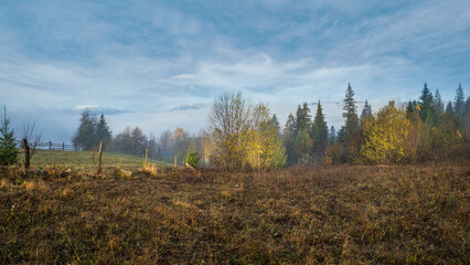 Fototapeta premium Cloudy and foggy morning late autumn mountains scene. Peaceful picturesque traveling, seasonal, nature and countryside beauty concept scene. Carpathian Mountains, Ukraine.
