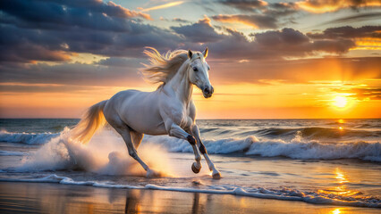 A white horse galloping along the seashore at sunset.